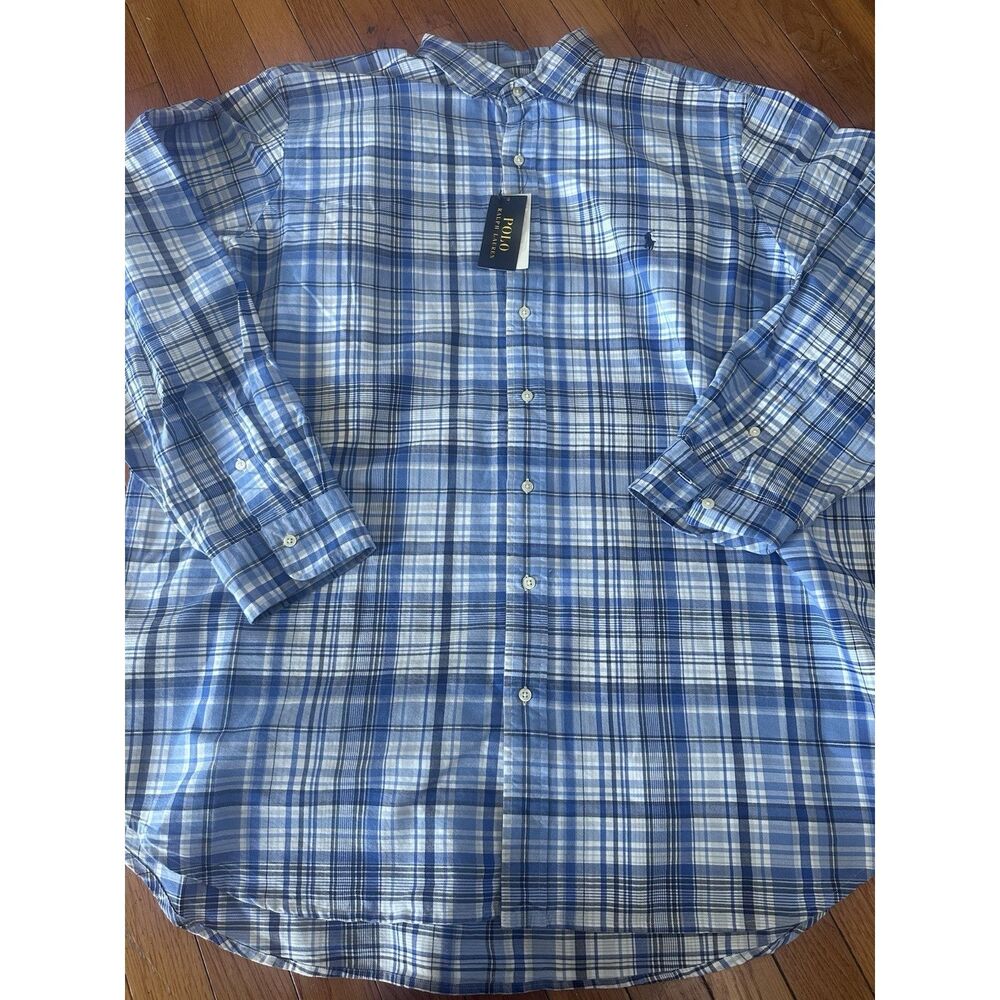 NWT Polo Ralph Lauren 2LT 2XL Tall Plaid Cotton LS Shirt Preppy Blue